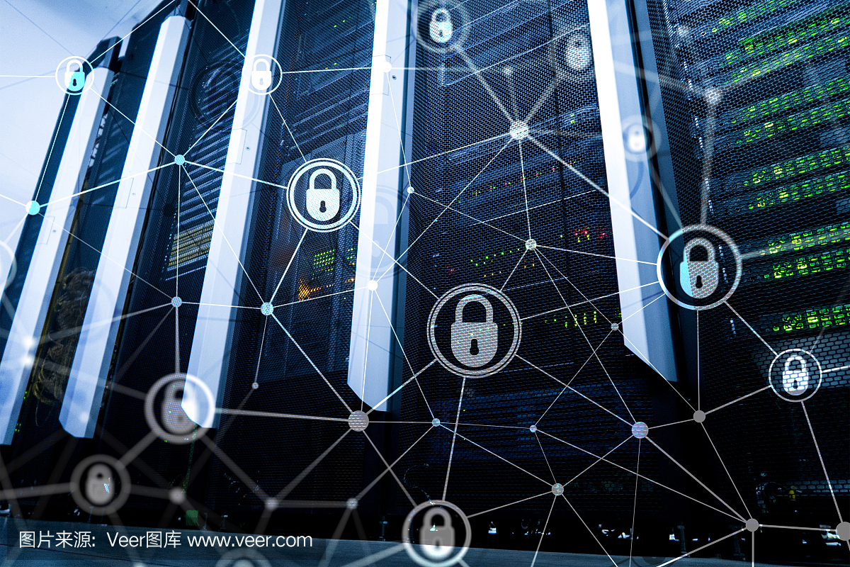 網(wǎng)絡安全,信息隱私,數(shù)據(jù)保護概念在現(xiàn)代服務器室背景下。互聯(lián)網(wǎng)和數(shù)字技術(shù)的概念。