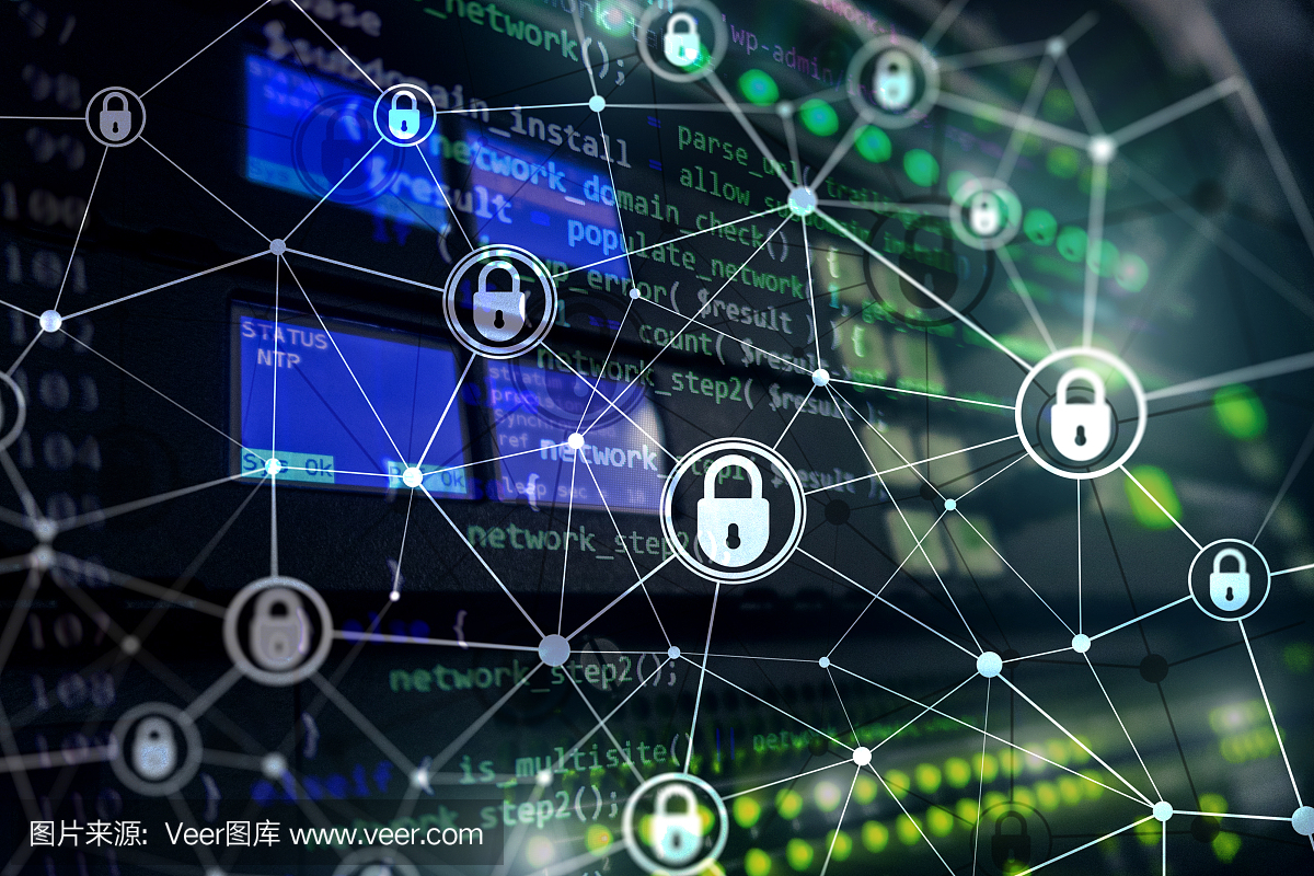 網絡安全,信息隱私,數據保護概念在現代服務器室背景下。互聯網和數字技術的概念。