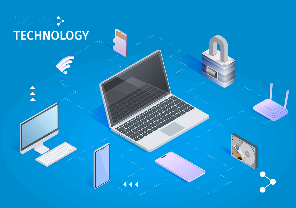 數(shù)字技術(shù)水平橫幅云計(jì)算和存儲抽象的設(shè)計(jì)理念筆記本電腦云和中央處理器托管和數(shù)據(jù)處理3D等距矢量圖數(shù)字技術(shù)橫幅云計(jì)算存儲